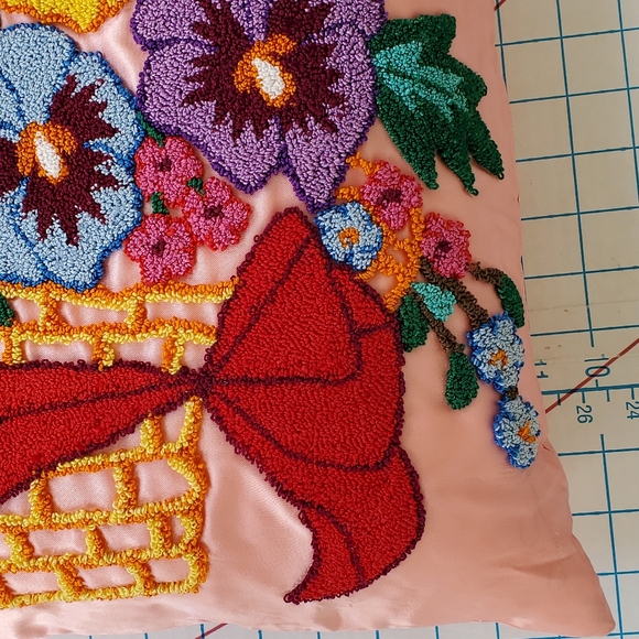 Punch Needle Embroidered Pillow Pansy Bow Floral 17"x14" Cottagecore Satiny - Picture 3 of 7
